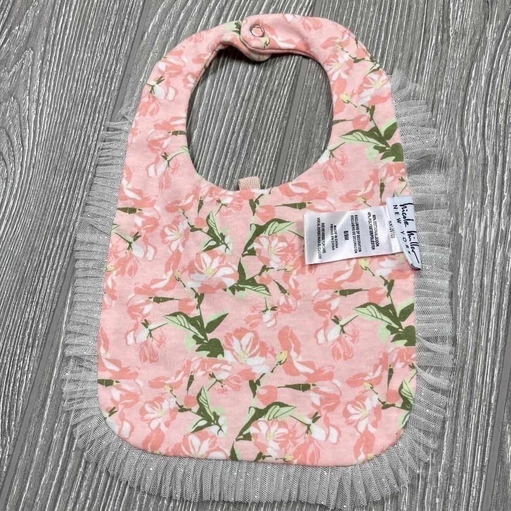 NICOLE MILLER Infant Baby Bib Girl 6 - 9 M Pink & White Floral with Ruffles